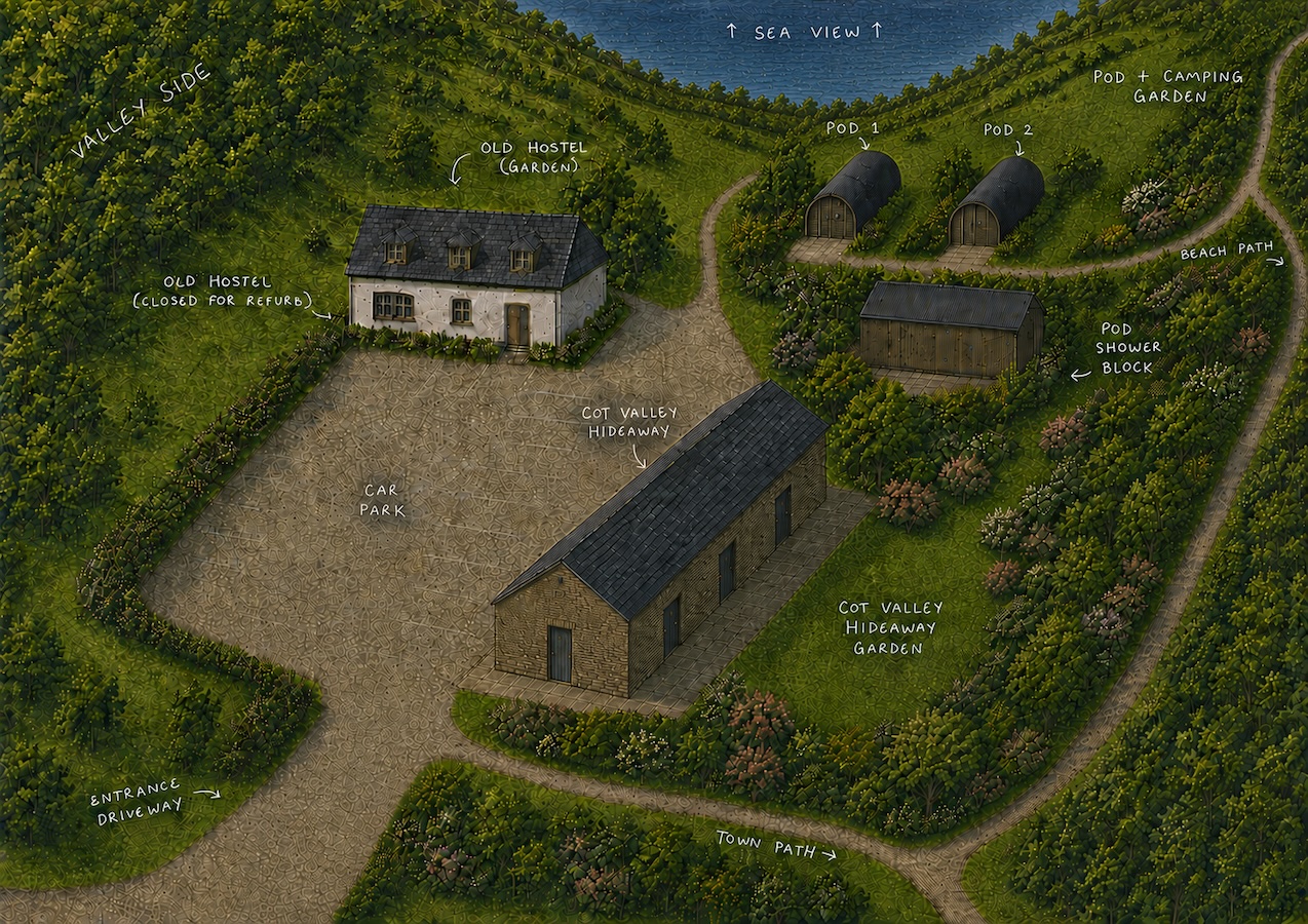 Karte des Cot Valley Hideaway mit Lodge, Pods und Campingwiese